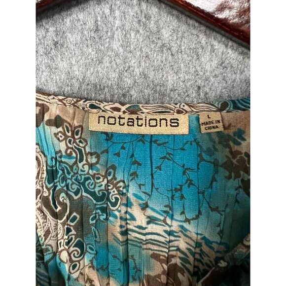 Notations Womens Boho Tunic Top L Blue Brown Abstract Print 3/4 Sleeve sheer - Picture 2 of 5